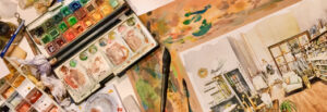 table de travail illustration aquarelle